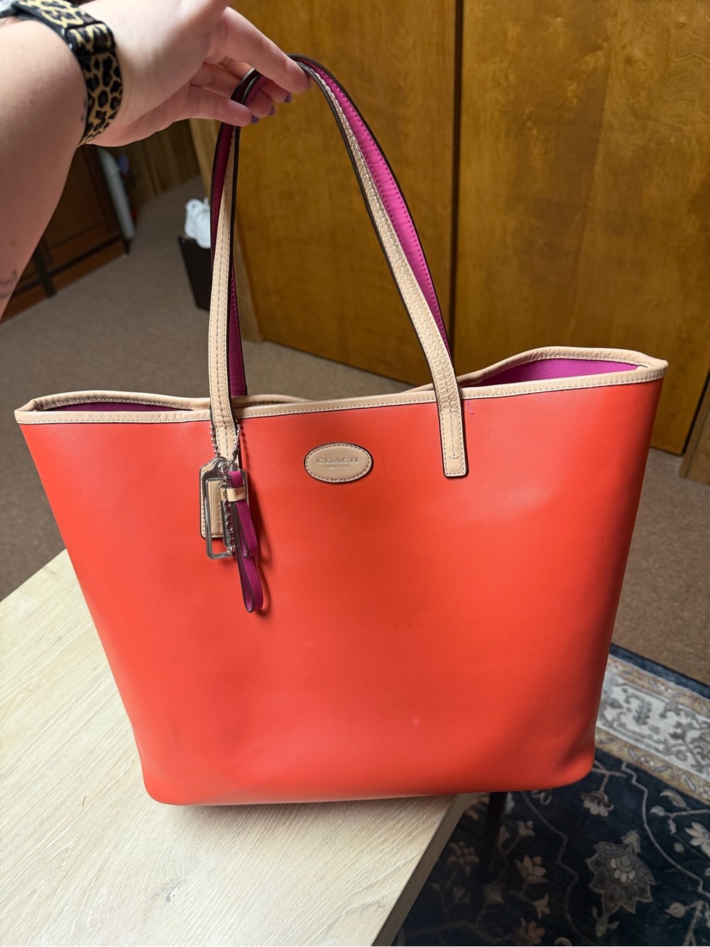 Coach Metro Coral Leather Tote with Pink Trim